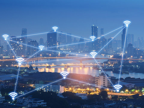 double exposure of network and city  and network connection concept.Internet data connection. - Powered by Adobe