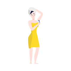 Vector flat girl in bathrobe, towel removing hair from armpit with razor epilator. Woman hygiene, health skincare, cosmetics concept. Isolated illustration, white background.