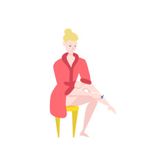 Vector flat girl in bathrobe, towel removing hair from leg with razor epilator sitting at chair. Woman hygiene, health skincare, cosmetics concept. Isolated illustration, white background.