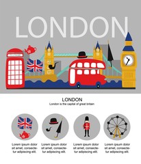 vector flat London, United kingdom, great britain symbols poster infographic template. British flag, royal guardian phone booth, double decker bus, Big Ban Tower of London, gentleman hat umbrella pipe