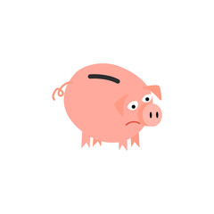 Cartoon piggy bank icon. Sad pig money box without savings with unhappy facial expression. Business finance, banking rich and weath concept. Vector isolated background illustration