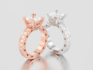 3D illustration two rose and white gold or silver channel princess cut diamond engagement decorative rings