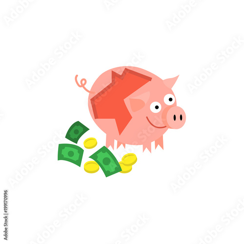 Cartoon Repaired Piggy Bank With Money Near Icon Happy Pig - 