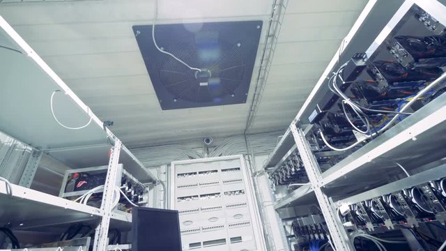 Storages with GPU Video Graphics Card mining. Industrial mining farm for bitcoin and cryptocurrency money.