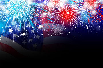 USA 4 july independence day design of america flag with firework background - obrazy, fototapety, plakaty