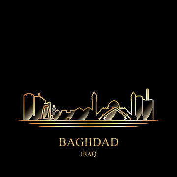 Gold silhouette of Baghdad on black background