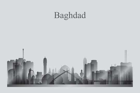 Baghdad city skyline silhouette in grayscale