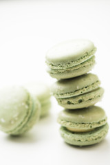 Tasty sweet macarons. Macaroons on white table.