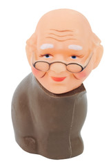 Chocolate bunny body with grandpa doll head. Isolated. Fun Humor. Abstract.