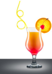 Mimosa cocktail or mocktail in classical glass with cherry, orange and yellow straw isolated on mirror table and place for inscription. Clipping path