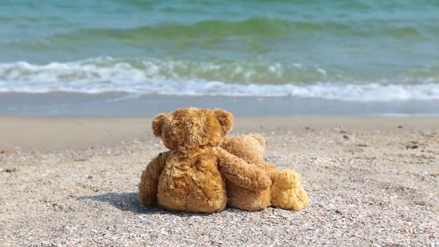 Happy family on summer vacation at seaside concept. 3 cute brown teddy bears sit at tropical beach near wavy blue marine water like real family hugging. Toy father, mother and child. Focus at bears.