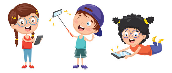 Vector Illustration Of Kids Using Mobile Devices