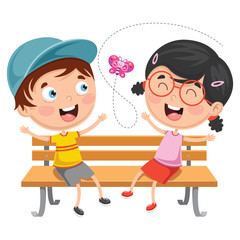 Vector Illustration Of Kids Sitting On Park Bench