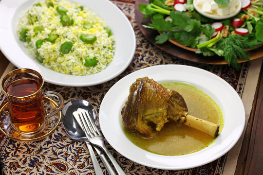 iranian persian cuisine, braised lamb shank, baghali polo,sabzi khordan