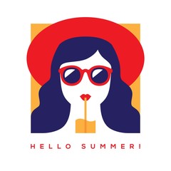 Hello summer card with girl in sunglasses