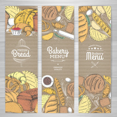 Set of retro bakery banners on cardboard. Bakery products illustration