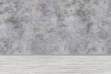 Room perspective,grunge grey concrete wall and wooden plank grou.