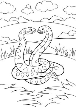 Coloring pages. Two little cute vipers smile.
