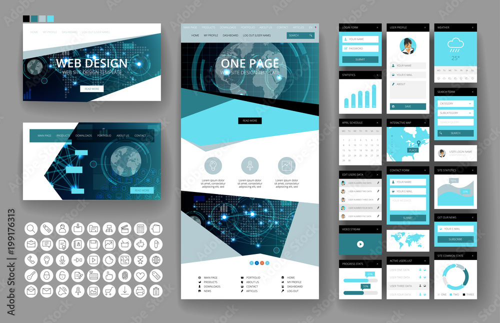Wall mural website design template and interface elements