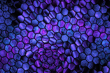 Abstract blue and violet hexagonal glass texture. Fractal background. Fantasy digital art. 3D rendering.
