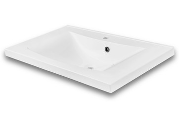 White rectangular modern washbasin in the bathroom of an artificial stone