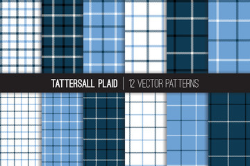 
Classic Navy, Blue and White Tattersall & Windowpane Plaid Vector Patterns. Men's Fashion Fabric. Father's Day Background. Small to Large Scale Check Textile Prints. Pattern Tile Swatches Included.