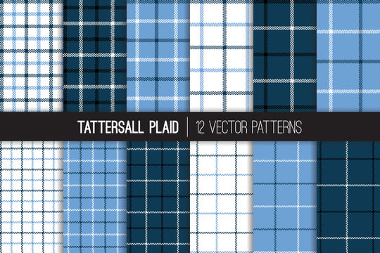 
Classic Navy, Blue and White Tattersall & Windowpane Plaid Vector Patterns. Men's Fashion Fabric. Father's Day Background. Small to Large Scale Check Textile Prints. Pattern Tile Swatches Included.
