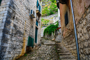 Stone steps between narrow streets of houses in Kotor
