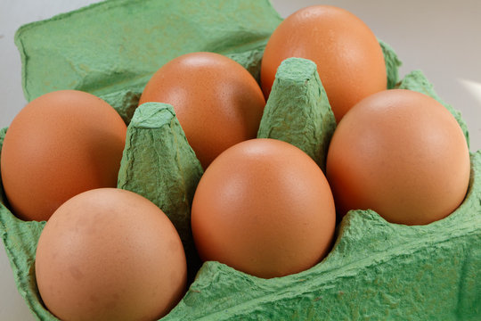 Oeufs de poule dans boite à œufs en carton