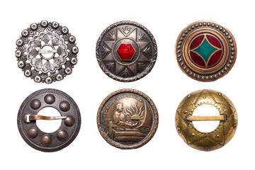 Set of antique metal Latvian national style brooches, Izolate