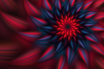 Abstract exotic flower with blue and red petals. Fantasy fractal design. Psychedelic digital art. 3D rendering.