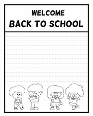 Welcome back to school paper list with four children feeling happy on a white background. Vector and illustration.