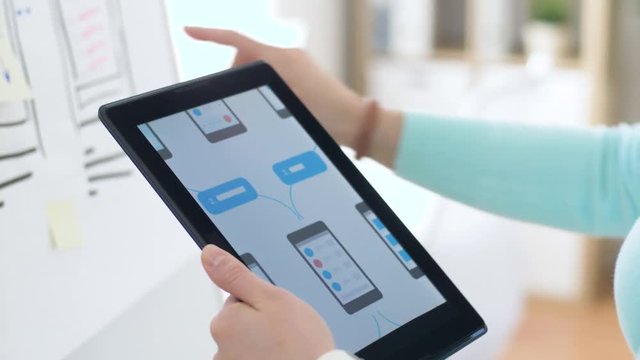 technology, interface design and people concept - hands of creative woman or developer with tablet pc computer and smartphone sketches on flip chart at office