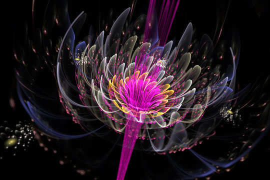 Abstract exotic flower with sparkling drops. Fantasy purple, grey and golden fractal composition. Psychedelic digital art. 3D rendering.
