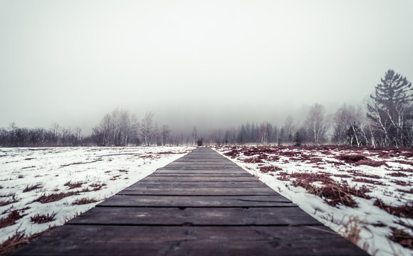 dark woods footpath made of planks trough snowy landscape, perspective and panorama in avaria aschau at b&auml;rnsee