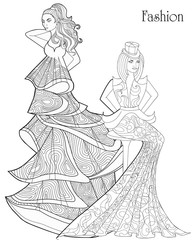 Color Therapy: Fashion. Anti-Stress Coloring Book. A pair of girls in long dresses.
