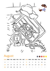 Drawing calendar A4. Cowboy. Augustl 2018. Year of the dog