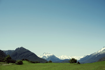 Paisaje minimalista de prado verde con montañas nevadas de fondo y cielo azul despejado