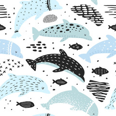 Nautische naadloze patroon met dolfijnen in kinderachtige stijl. Zee onderwater wezens achtergrond met abstracte elementen voor decoratie. vector illustratie
