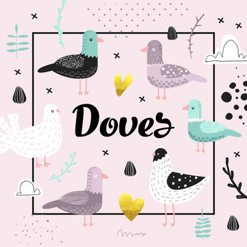 Baby Shower Design with Cute Doves. Creative Hand Drawn Childish Bird Pigeon Background for Decoration, Invitation, Cover. Vector illustration