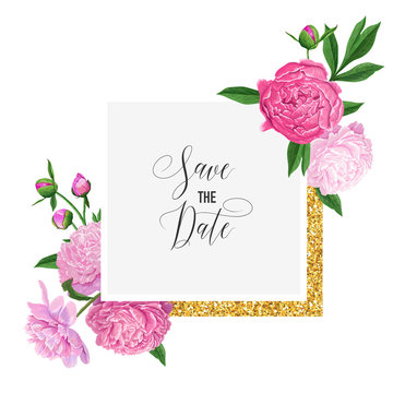 Floral Wedding Invitation Template. Save the Date Card with Blooming Pink Peony Flowers and Golden Frame. Romantic Botanical Design for Ceremony Decoration. Vector illustration