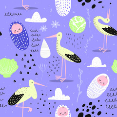 Baby Shower Seamless Pattern with Cute Stork and Newborn Child. Baby Background for Decoration, Wallpaper, Fabric. Vector illustration