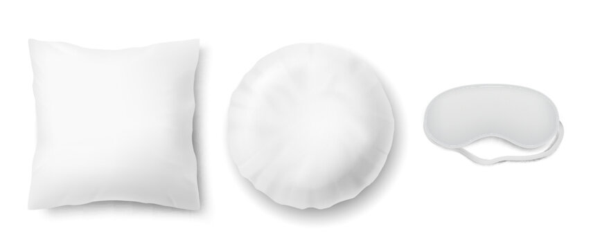 Vector realistic set with blindfold and two clean white pillows, square and round, isolated on background. Objects for sweet dreams in bedroom, mockup with blank cushions and mask for sleeping