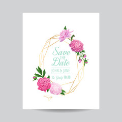 Wedding Invitation Floral Template with Pink Peonies. Save the Date Geometric Golden Frame with Flowers and Place for your Text. Greeting Card, Poster, Banner. Vector illustration