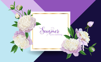 Hello Summer Floral Design with Blooming White Peony Flowers. Botanical Background for Poster, Banner, Wedding Invitation, Greeting Card, Sale. Vector illustration