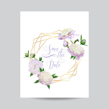 Wedding Invitation Floral Template. Save the Date Golden Frame with Place for your Text and White Peony Flowers. Greeting Card, Poster, Banner. Vector illustration