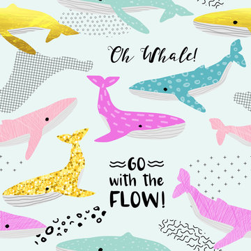 Cute Whales Seamless Pattern. Childish Marine Background with Abstract Elements. Baby Freehand Doodle for Fabric Textile, Wallpaper, Wrapping. Vector illustration