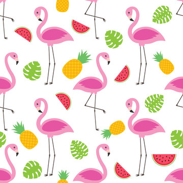 Vector seamless pattern with flamingos, pineapples and watermelons