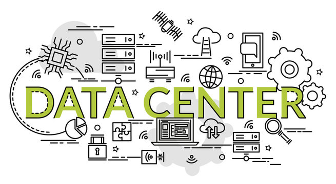 Flat colorful design concept for Data Center. Infographic idea of making creative products..Template for website banner, flyer and poster.