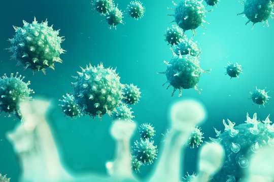 3D illustration pathogenic viruses causing infection in host organism. Viral disease epidemic. Virus abstract background. Virus, bacteria, cell infected organism.
